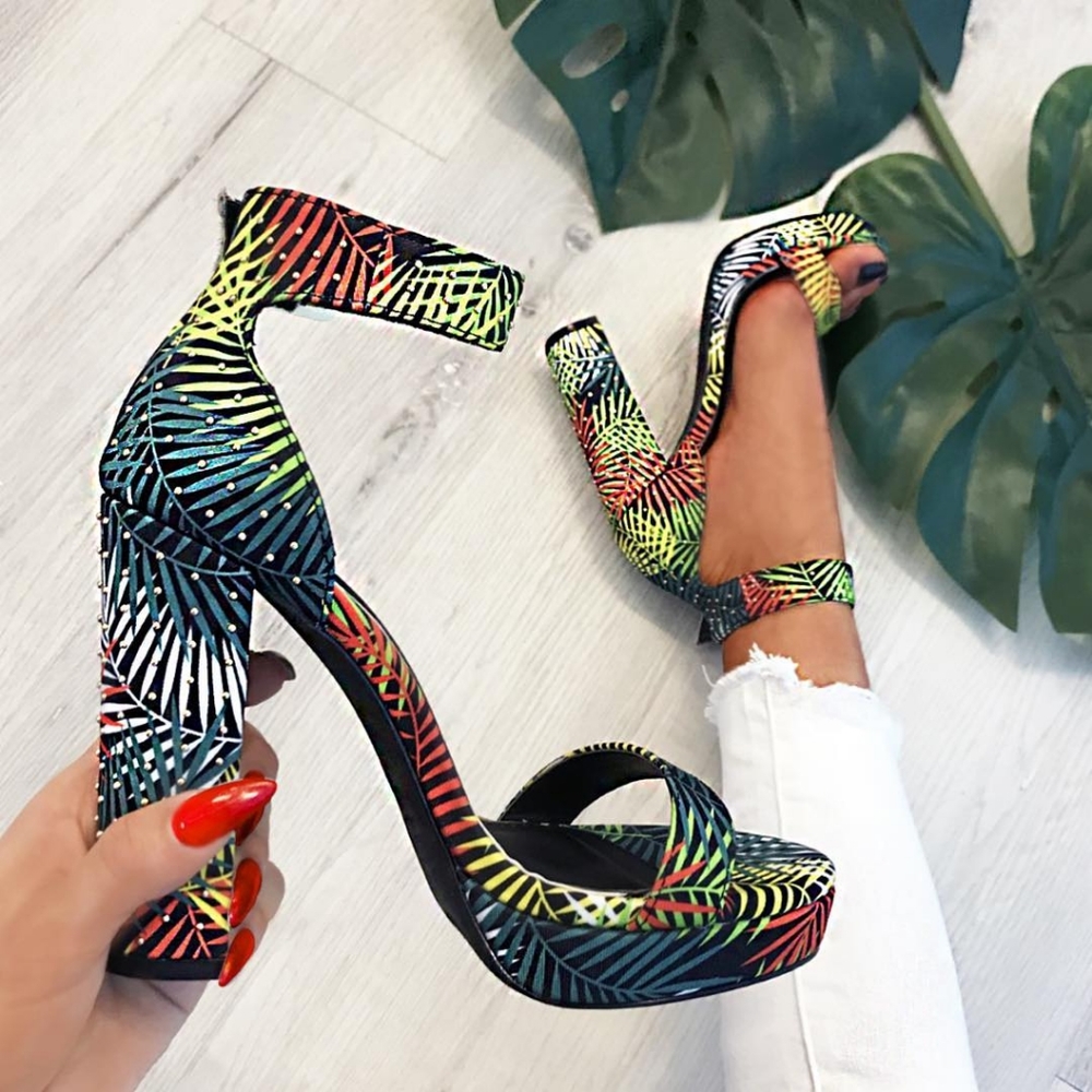 Floral Block High Heel Open Toe Platform US 10